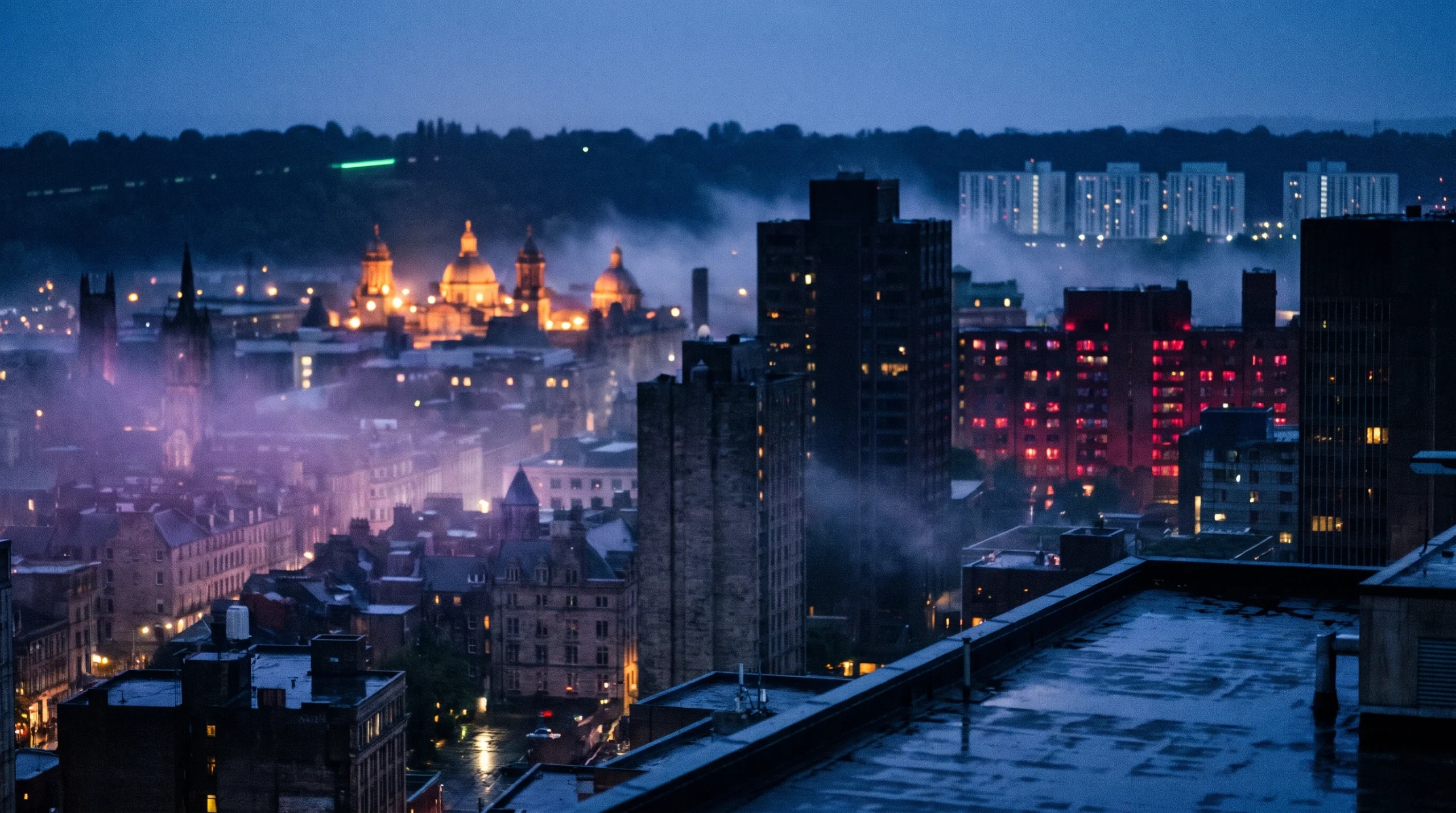 Glitch City at blue hour from a rooftop, fog between the towers and each district lit in its own color